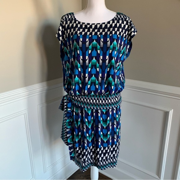 Jessica Howard Vibrant Black Blue Print Waist Tie Dress Size 14 - Picture 1 of 6